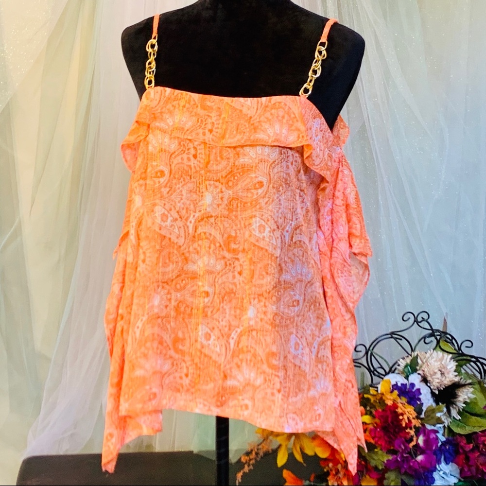 Michael Kors Orange and Gold Chained Sheer Tank